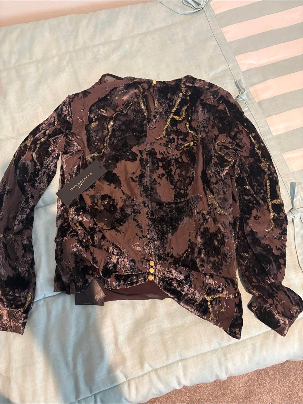 Donna Karan Long-Sleeve Blouse in mixed silver sparkling &Brown 19” p2p 20” t2b - Picture 1 of 4